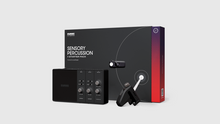 A render including the Sensory Percussion Portal interface, one drum sensor, and the packaging box