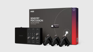 A photo showing the components of the Sound System bundle, including the Portal audio interface, three drum sensors, and the package box.